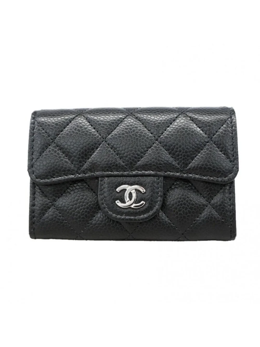 Chanel Card Case Quilted Caviar Leather Black Silver
